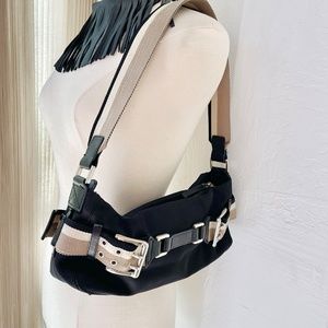 DKNY small canvas boat shoulder bag with military style buckle straps Y2k 90s